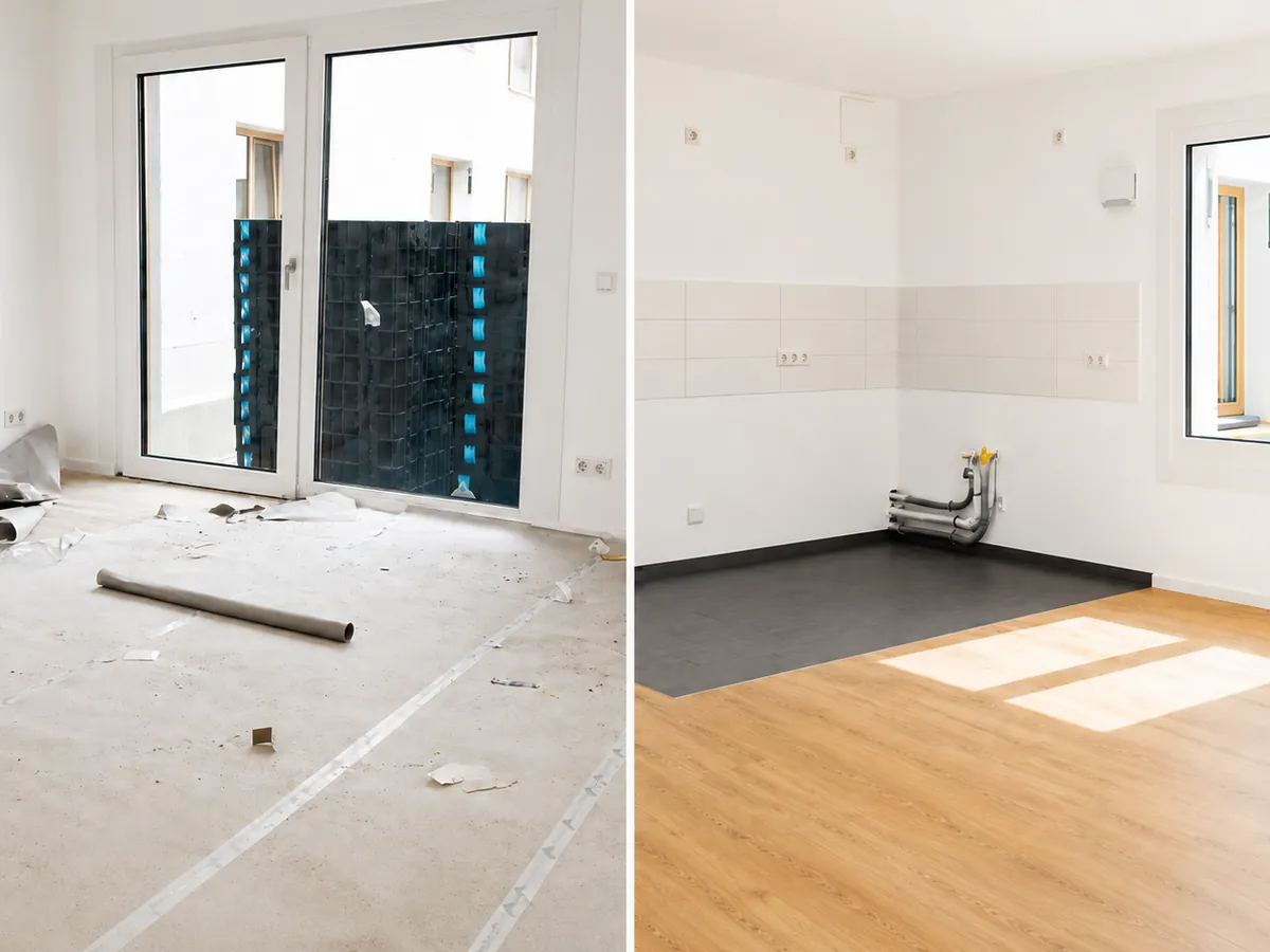 Neubauwohnung vor und nach der Baufeinreinigung: links Bauschutt und Staub, rechts der fertige Raum