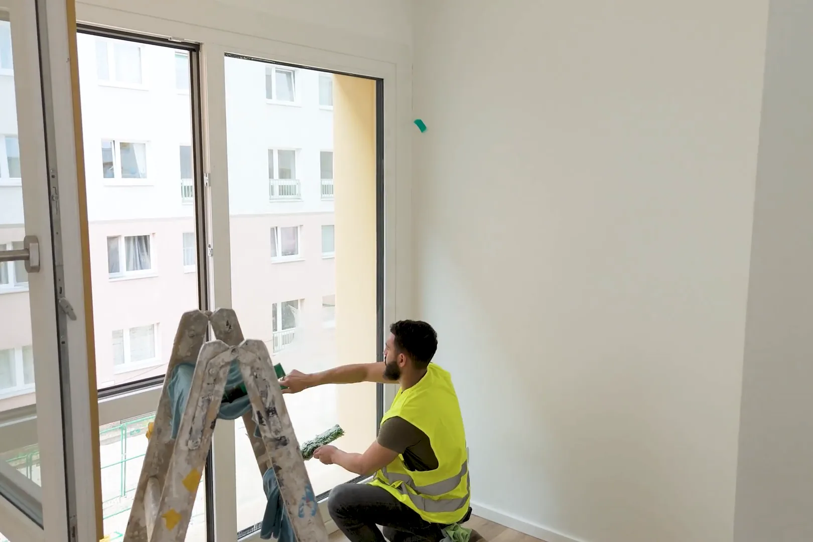 ELMA-Mitarbeiter reinigt bei der Baufeinreinigung Fenster und Rahmen in einer Neubauwohnung in Berlin