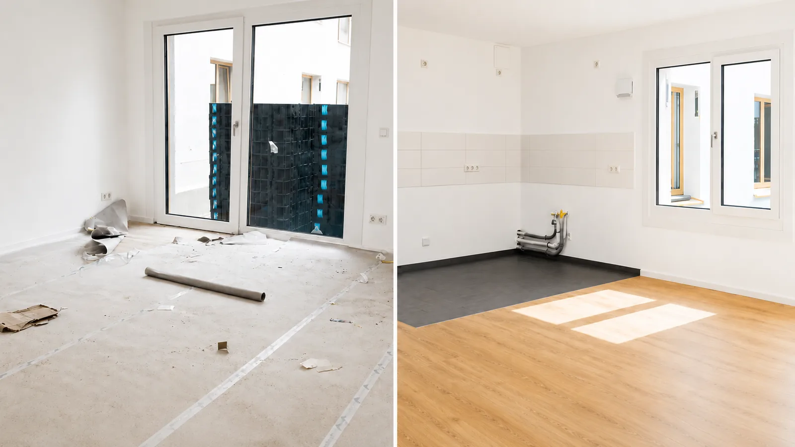 Neubauwohnung vor und nach der Baureinigung durch ELMA: links Bauschutt und Staub, rechts der fertige Raum