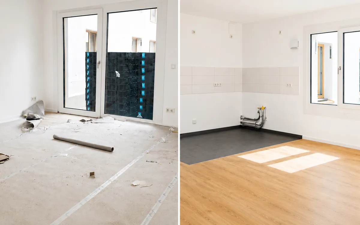 Neubauwohnung vor und nach der Baureinigung: links Bauschutt und Staub, rechts der fertige Raum