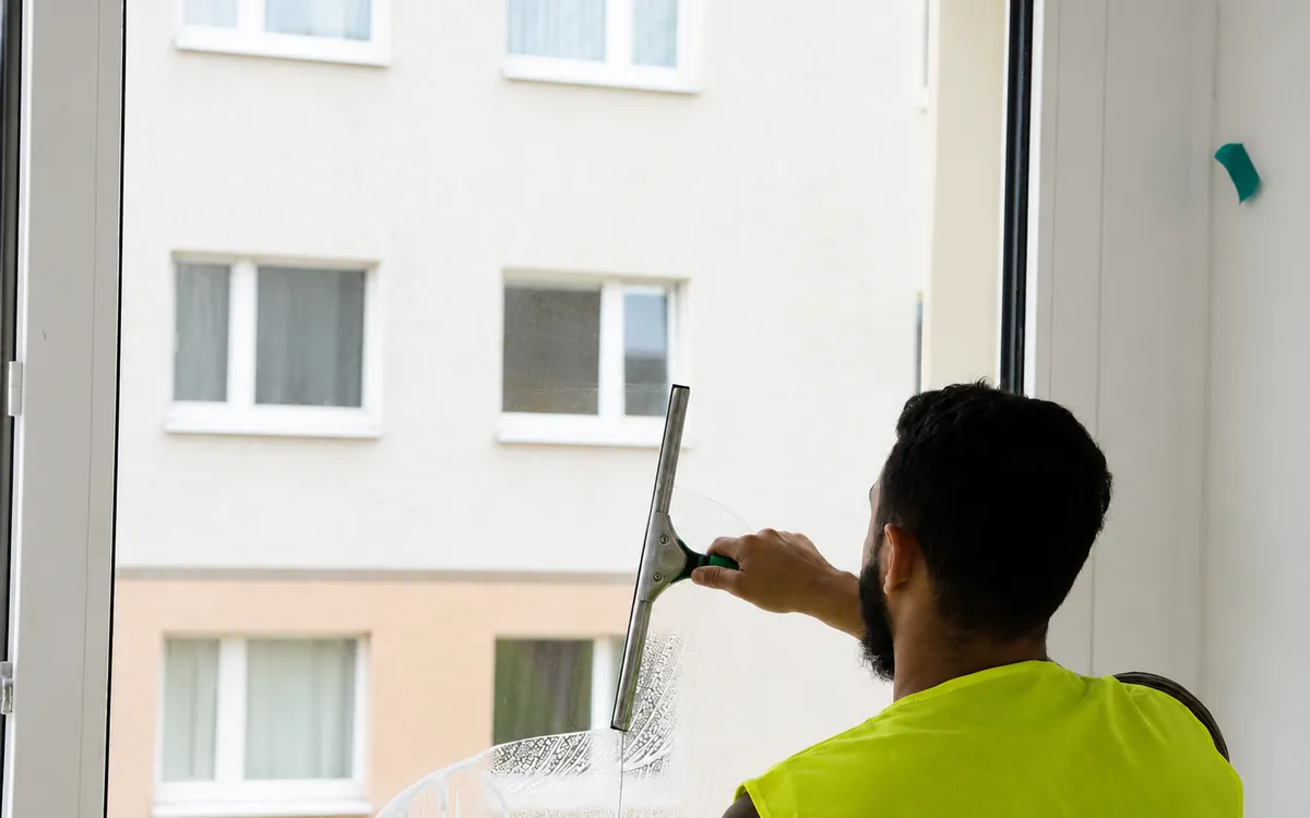 Mitarbeiter reinigt die Fensterfront eines Neubaus mit dem Abzieher