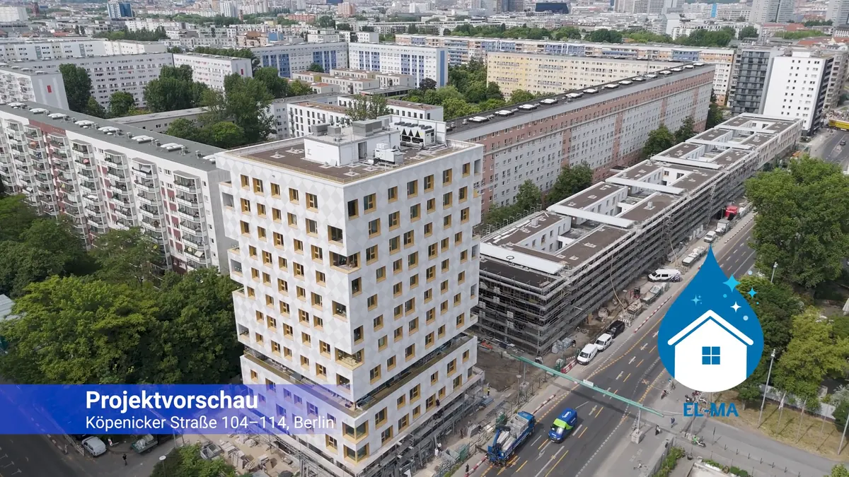 Luftaufnahme des Neubaus an der Köpenicker Straße 104–114 in Berlin