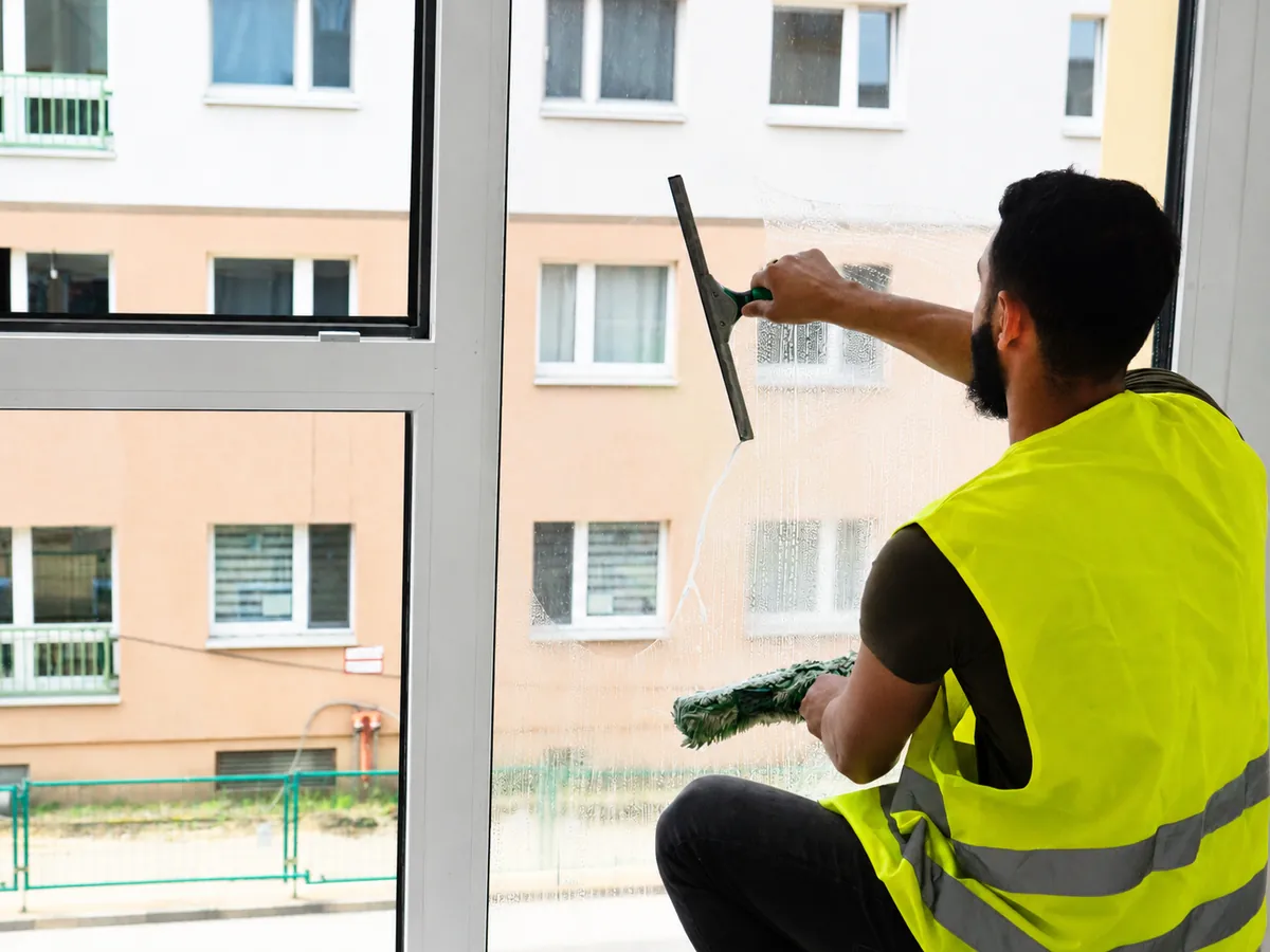 ELMA-Mitarbeiter in Warnweste reinigt die Fensterfront eines Neubaus in Berlin